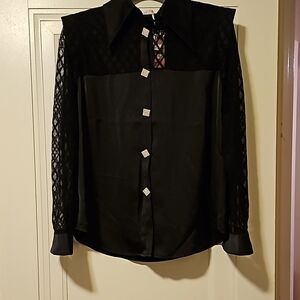 Black Lace and Satin Women's Button-up, Rhinestone buttons, Sz L, NWT